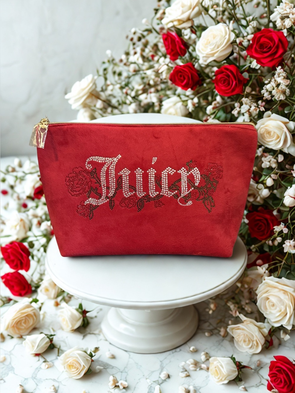 ♥️JUICY COUTURE♥️Red Velour Cosmetic Bag w/ Rhinestone Logo/NWOT
